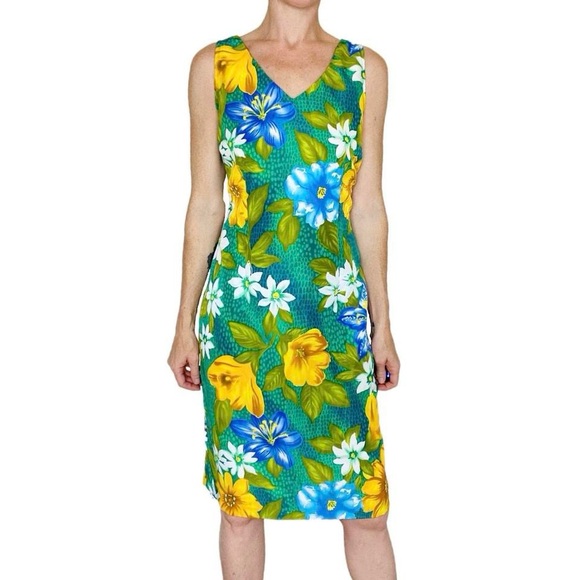 Vintage Sag Harbor Green Blue Yellow Tropical Floral Abstract Sleeveless Dress - Picture 1 of 8